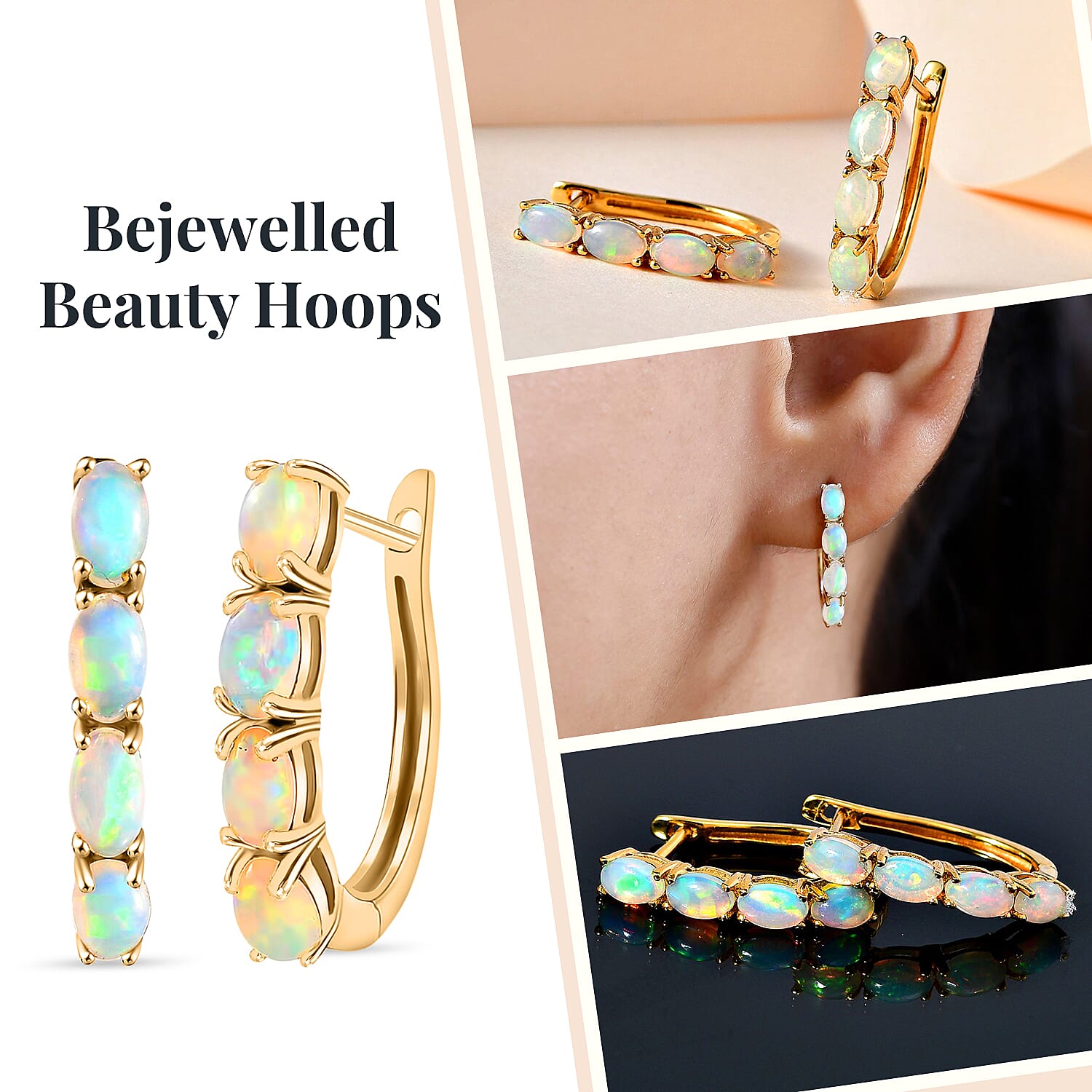 Ethiopian Opal Hoop Earrings with Clasp in 18K Vermeil Yellow Gold Plated Sterling Silver 1.35 Ct.